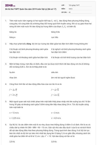 Đề thi thử THPT Quốc Gia năm 2019 môn Vật Lý (Đề số 17)