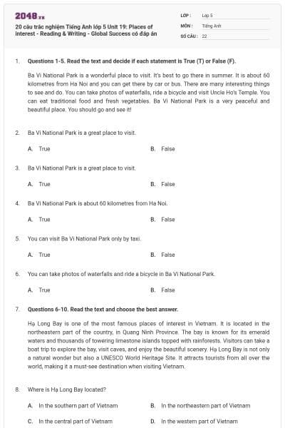 20 câu trắc nghiệm Tiếng Anh lớp 5 Unit 19: Places of interest - Reading & Writing - Global Success có đáp án