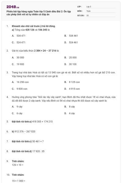 Phiếu bài tập hàng ngày Toán lớp 5 Cánh diều Bài 2: Ôn tập các phép tính với số tự nhiên có đáp án
