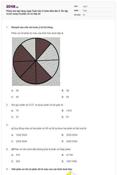 Phiếu bài tập hàng ngày Toán lớp 5 Cánh diều Bài 4: Ôn tập và bổ sung về phân số có đáp án