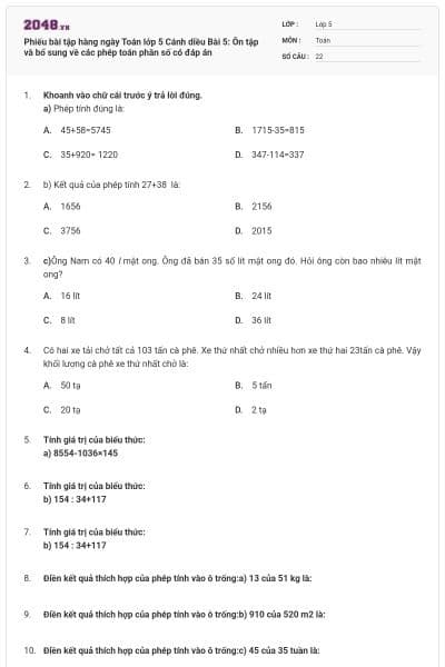 Phiếu bài tập hàng ngày Toán lớp 5 Cánh diều Bài 5: Ôn tập và bổ sung về các phép toán phân số có đáp án