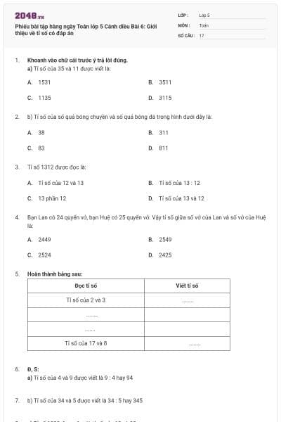 Phiếu bài tập hàng ngày Toán lớp 5 Cánh diều Bài 6: Giới thiệu về tỉ số có đáp án