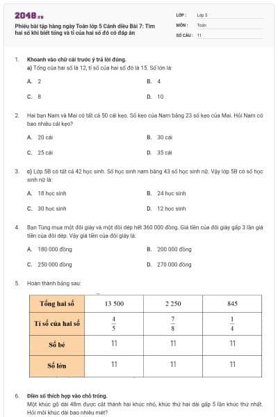 Phiếu bài tập hàng ngày Toán lớp 5 Cánh diều Bài 7: Tìm hai số khi biết tổng và tỉ của hai số đó có đáp án