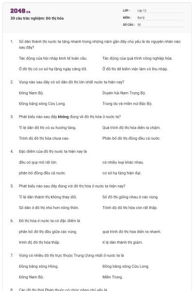 30 câu trắc nghiệm: Đô thị hóa