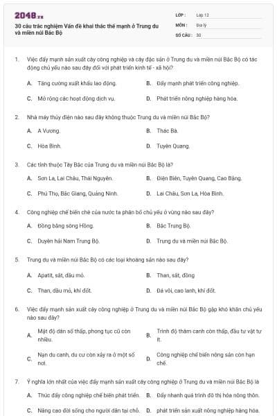 30 câu trắc nghiệm Vấn đề khai thác thế mạnh ở Trung du và miền núi Bắc Bộ