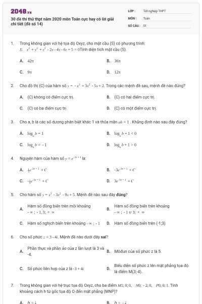 30 đề thi thử thpt năm 2020 môn Toán cực hay có lời giải chi tiết (đề số 14)