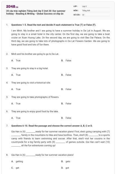 20 câu trắc nghiệm Tiếng Anh lớp 5 Unit 20: Our summer holiday - Reading & Writing - Global Success có đáp án