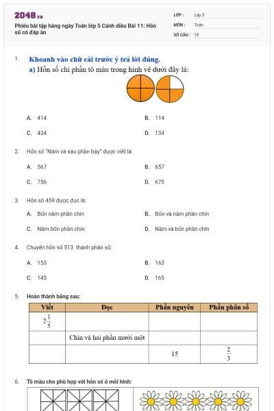 Phiếu bài tập hàng ngày Toán lớp 5 Cánh diều Bài 11: Hỗn số có đáp án