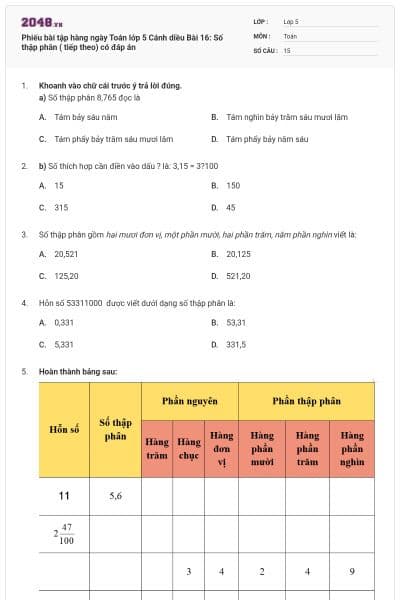 Phiếu bài tập hàng ngày Toán lớp 5 Cánh diều Bài 16: Số thập phân ( tiếp theo) có đáp án