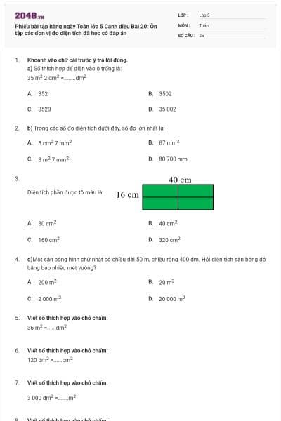 Phiếu bài tập hàng ngày Toán lớp 5 Cánh diều Bài 20: Ôn tập các đơn vị đo diện tích đã học có đáp án