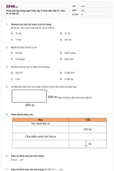 Phiếu bài tập hàng ngày Toán lớp 5 Cánh diều Bài 21: Héc-ta có đáp án