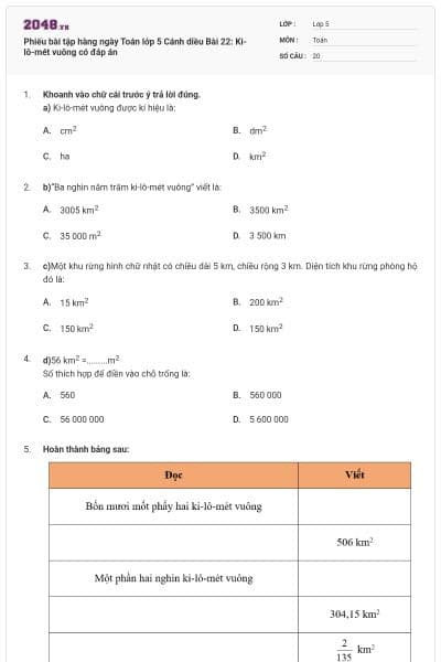 Phiếu bài tập hàng ngày Toán lớp 5 Cánh diều Bài 22: Ki-lô-mét vuông có đáp án