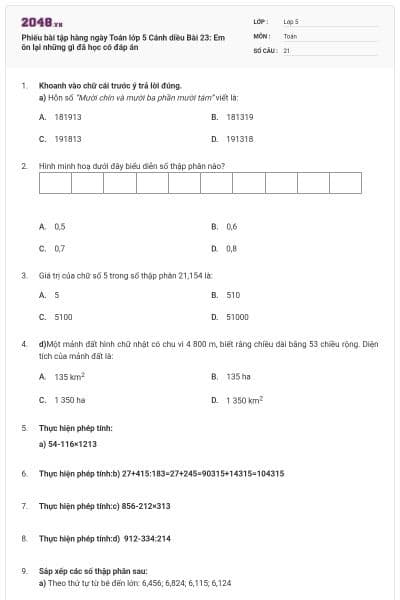 Phiếu bài tập hàng ngày Toán lớp 5 Cánh diều Bài 23: Em ôn lại những gì đã học có đáp án