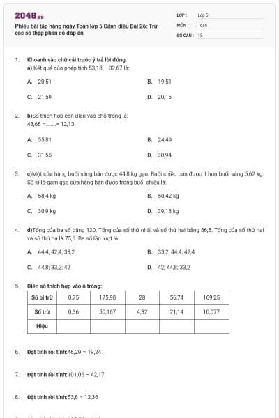 Phiếu bài tập hàng ngày Toán lớp 5 Cánh diều Bài 26: Trừ các số thập phân có đáp án