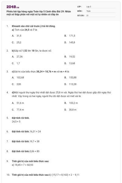 Phiếu bài tập hàng ngày Toán lớp 5 Cánh diều Bài 29: Nhân một số thập phân với một số tự nhiên có đáp án
