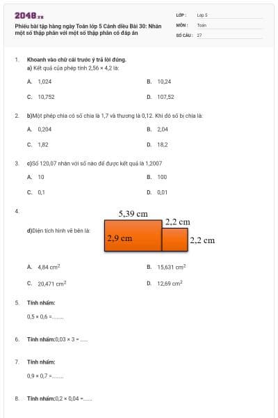 Phiếu bài tập hàng ngày Toán lớp 5 Cánh diều Bài 30: Nhân một số thập phân với một số thập phân có đáp án