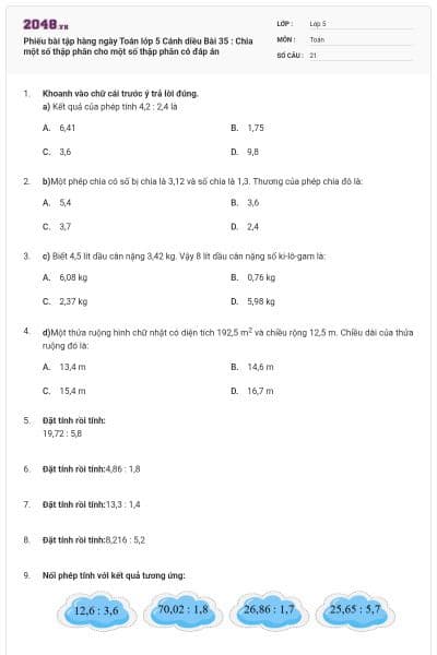 Phiếu bài tập hàng ngày Toán lớp 5 Cánh diều Bài 35 : Chia một số thập phân cho một số thập phân có đáp án