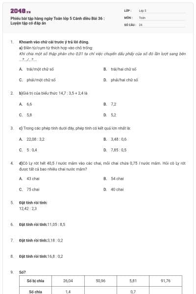 Phiếu bài tập hàng ngày Toán lớp 5 Cánh diều Bài 36 : Luyện tập có đáp án