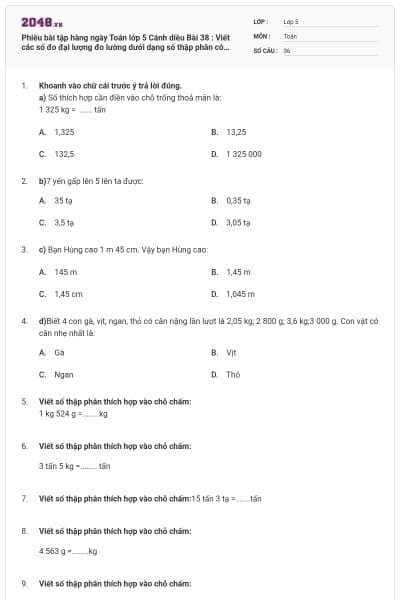 Phiếu bài tập hàng ngày Toán lớp 5 Cánh diều Bài 38 : Viết các số đo đại lượng đo lường dưới dạng số thập phân có đáp án
