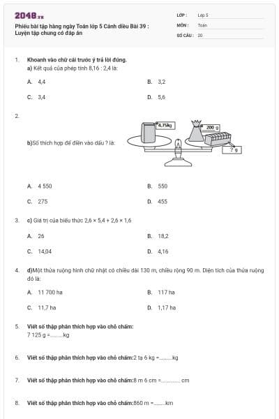 Phiếu bài tập hàng ngày Toán lớp 5 Cánh diều Bài 39 : Luyện tập chung có đáp án