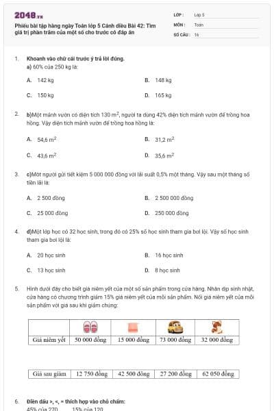 Phiếu bài tập hàng ngày Toán lớp 5 Cánh diều Bài 42: Tìm giá trị phần trăm của một số cho trước có đáp án