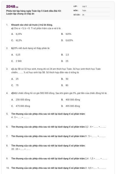 Phiếu bài tập hàng ngày Toán lớp 5 Cánh diều Bài 43: Luyện tập chung có đáp án