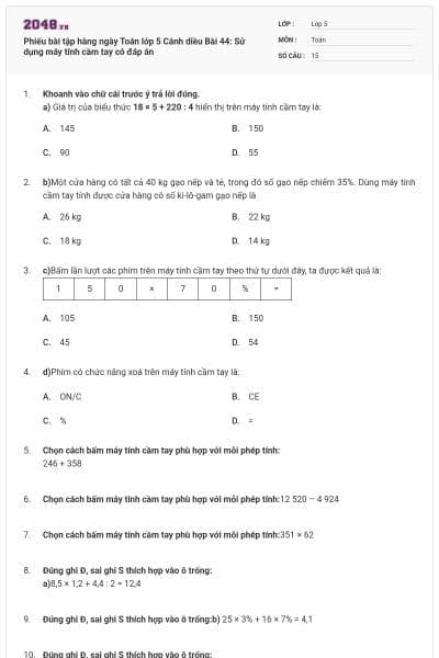 Phiếu bài tập hàng ngày Toán lớp 5 Cánh diều Bài 44: Sử dụng máy tính cầm tay có đáp án