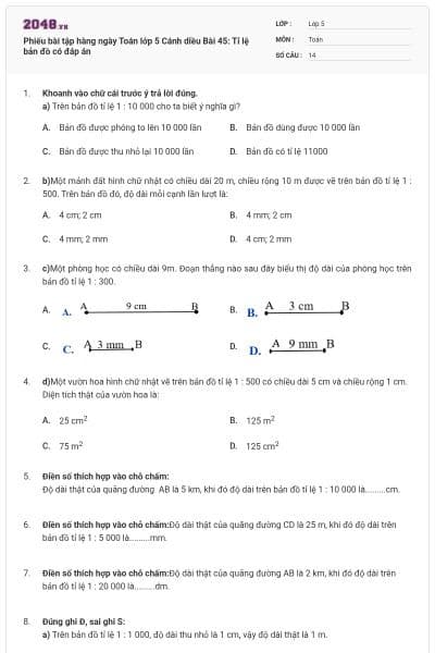 Phiếu bài tập hàng ngày Toán lớp 5 Cánh diều Bài 45: Tỉ lệ bản đồ có đáp án