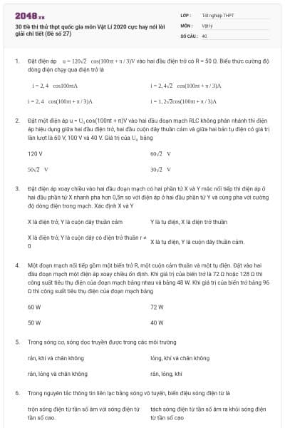 30 Đề thi thử thpt quốc gia môn Vật Lí 2020 cực hay nói lời giải chi tiết (Đề số 27)