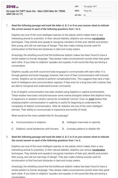 Đề luyện thi THPT Quốc Gia - Năm 2020 Môn thi: TIẾNG ANH (Đề số 17)
