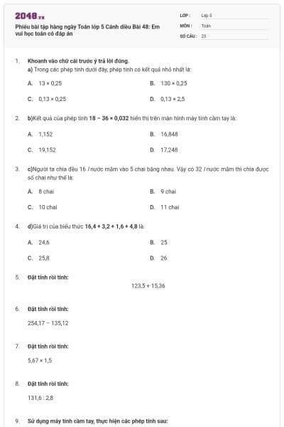 Phiếu bài tập hàng ngày Toán lớp 5 Cánh diều Bài 48: Em vui học toán có đáp án