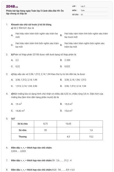 Phiếu bài tập hàng ngày Toán lớp 5 Cánh diều Bài 49: Ôn tập chung có đáp án