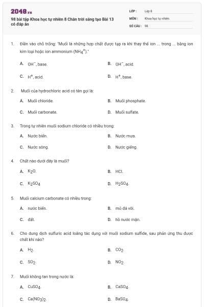 98 bài tập Khoa học tự nhiên 8 Chân trời sáng tạo Bài 13 có đáp án