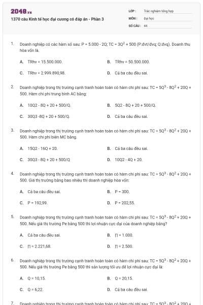 1370 câu Kinh tế học đại cương có đáp án - Phần 3