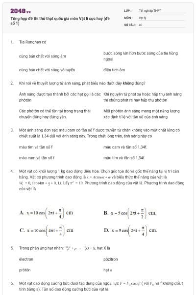 Tổng hợp đề thi thử thpt quốc gia môn Vật lí cực hay (đề số 1)