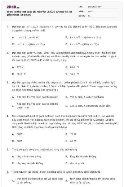 30 Đề thi thử thpt quốc gia môn Vật Lí 2020 cực hay nói lời giải chi tiết (Đề số 27)