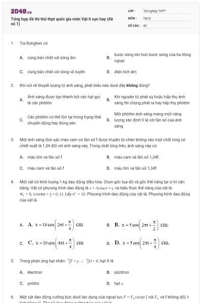 Tổng hợp đề thi thử thpt quốc gia môn Vật lí cực hay (đề số 1)