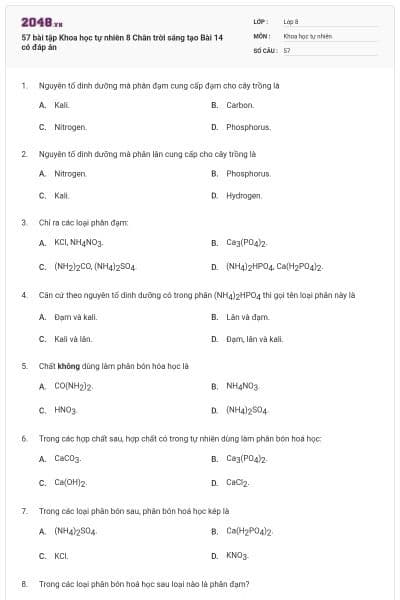57 bài tập Khoa học tự nhiên 8 Chân trời sáng tạo Bài 14 có đáp án