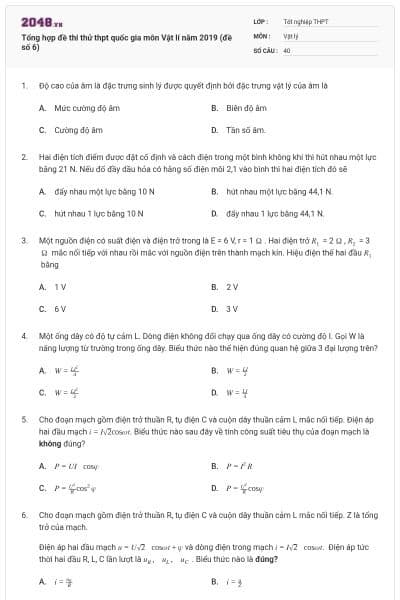 Tổng hợp đề thi thử thpt quốc gia môn Vật lí năm 2019 (đề số 6)