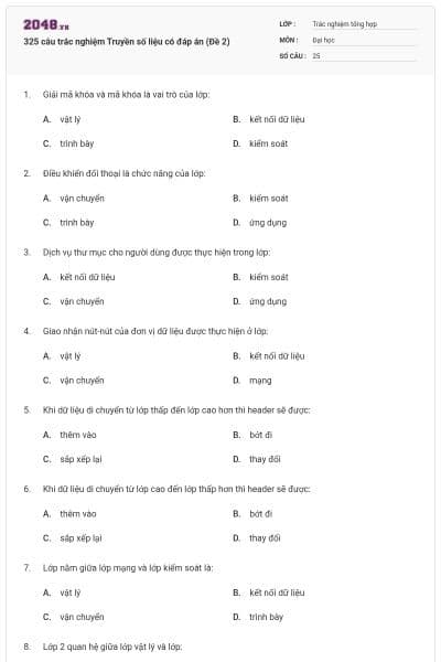 325 câu trắc nghiệm Truyền số liệu có đáp án (Đề 2)