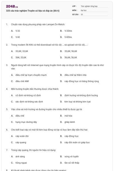 325 câu trắc nghiệm Truyền số liệu có đáp án (Đề 6)