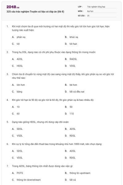 325 câu trắc nghiệm Truyền số liệu có đáp án (Đề 8)