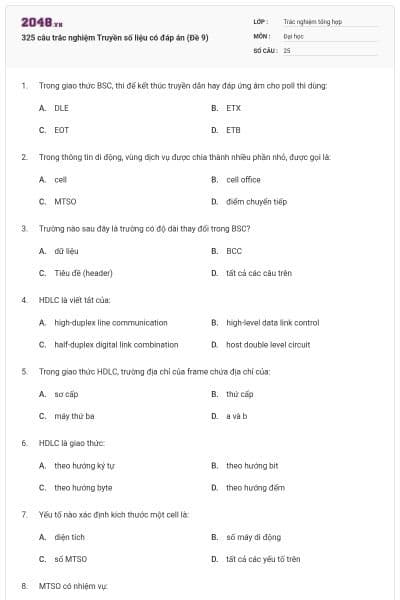 325 câu trắc nghiệm Truyền số liệu có đáp án (Đề 9)