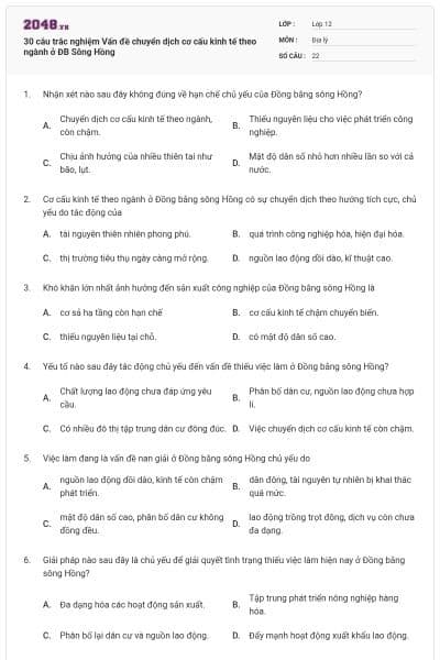 30 câu trắc nghiệm Vấn đề chuyển dịch cơ cấu kinh tế theo ngành ở ĐB Sông Hồng