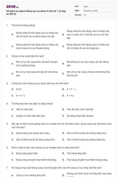 Đề kiểm tra định kì Khoa học tự nhiên 9 Chủ đề 1 có đáp án (Đề 6)
