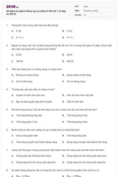 Đề kiểm tra định kì Khoa học tự nhiên 9 Chủ đề 1 có đáp án (Đề 8)