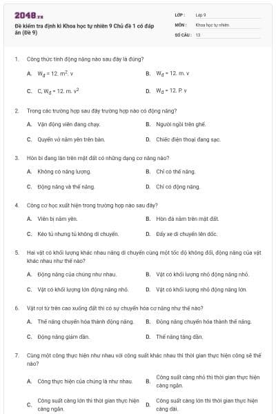 Đề kiểm tra định kì Khoa học tự nhiên 9 Chủ đề 1 có đáp án (Đề 9)