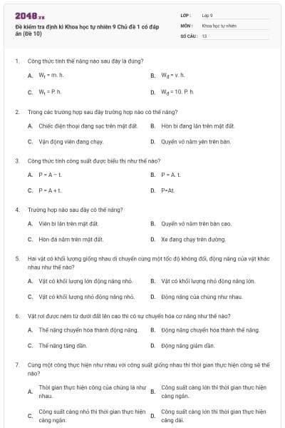Đề kiểm tra định kì Khoa học tự nhiên 9 Chủ đề 1 có đáp án (Đề 10)