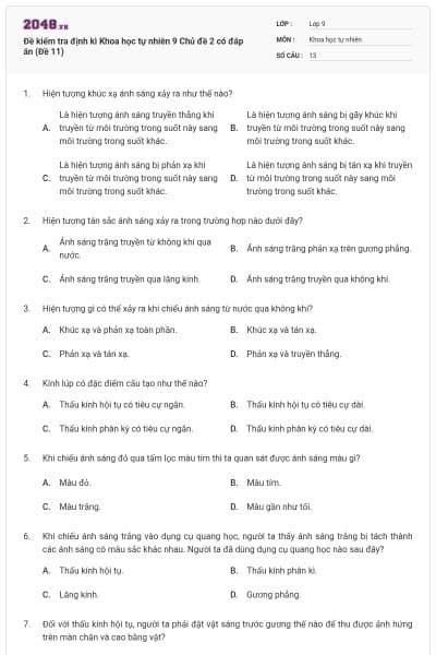 Đề kiểm tra định kì Khoa học tự nhiên 9 Chủ đề 2 có đáp án (Đề 11)