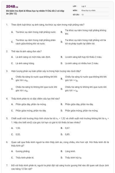 Đề kiểm tra định kì Khoa học tự nhiên 9 Chủ đề 2 có đáp án (Đề 12)